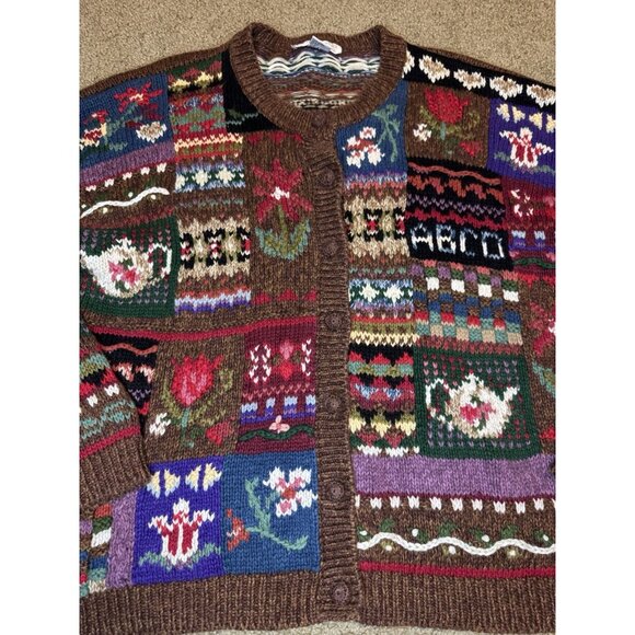 Vintage Womens Thick Cardigan Sweater ABC Grannycore Teacher Artsy Cottagecore L - Picture 6 of 10